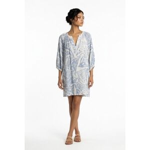 H&M Blue White Abstract Tropical Crinkle Tunic Dress Womens Medium 3/4 Sleeve